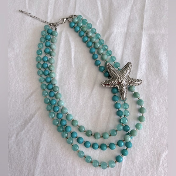 Gorgeous! Silver Starfish Pendant & Blue Beaded Multi Strand Statement Necklace - Picture 4 of 5
